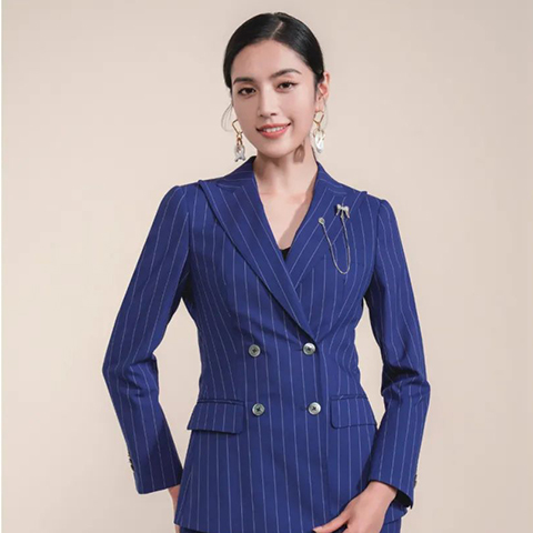 春秋新款条纹双排扣女士西服