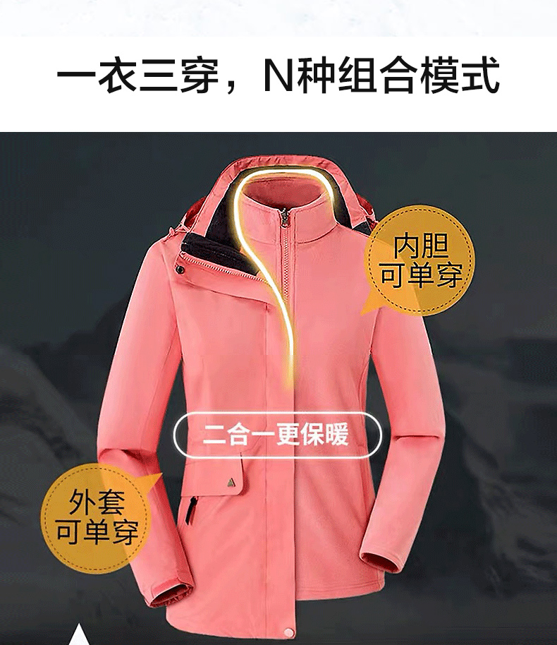 藏蓝色中长款户外三合一冲锋衣(图4)