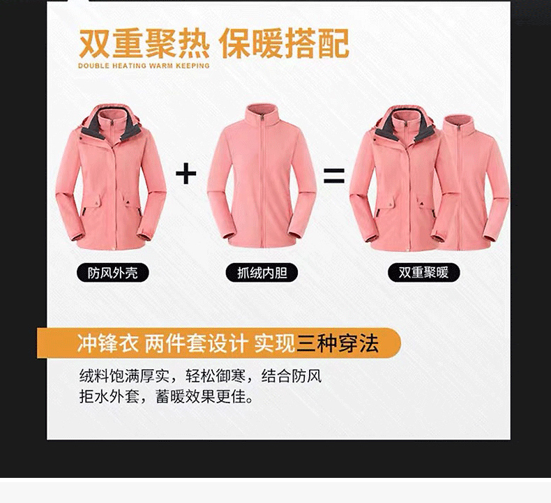 藏蓝色中长款户外三合一冲锋衣(图5)
