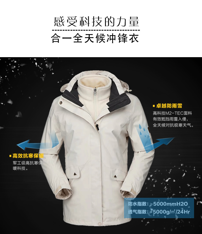 藏蓝色中长款户外三合一冲锋衣(图8)